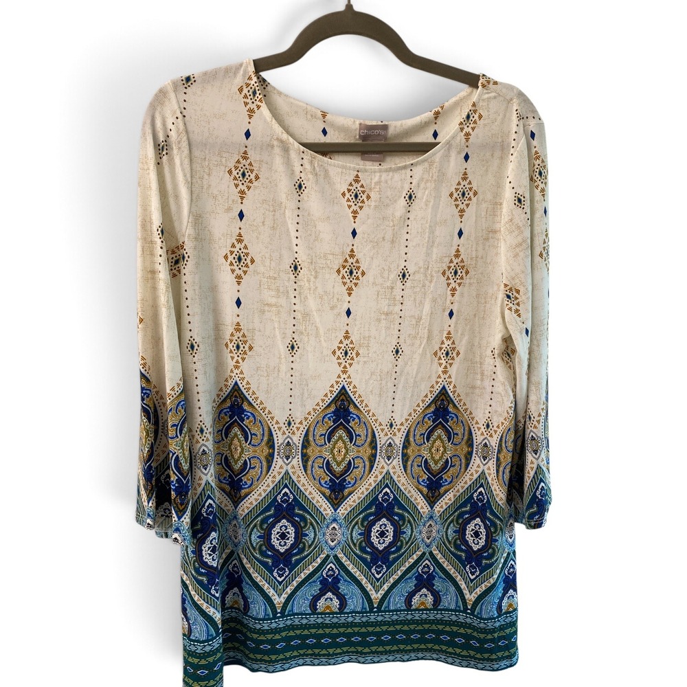 Chicos Womens Size 1 Medium Blue Gold Paisley Medallion Print Long Sleeve Top